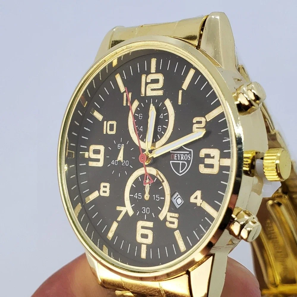Men's Watch 42MM Large Gold Case Black Dial Date Gold Bracelet‎ Band 7